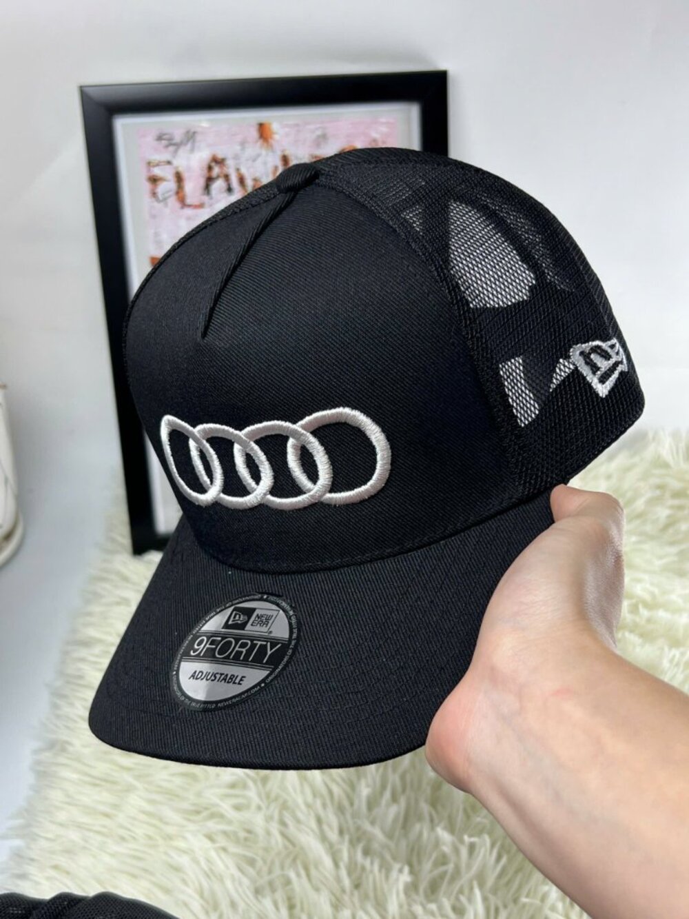 Audi Four Rings Embroidered New Era 9FORTY Black Mesh Trucker Hat